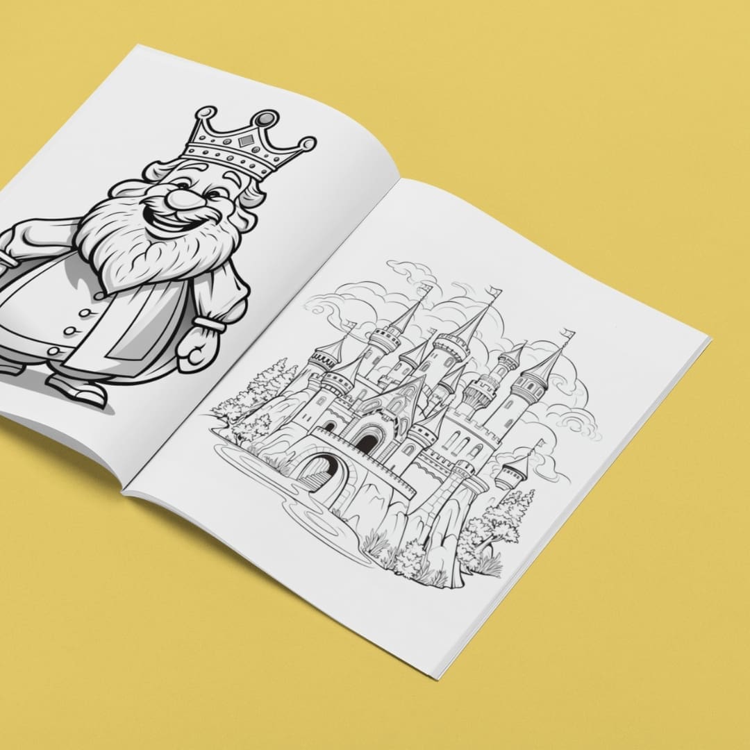 This image contains a kings and castles Printable coloring busy book that open to pages with designs for download and print for kids and adults. The busy book is available uniquely at SharekknaOnline.com. It can be downloaded instantly and printed at home or your local print house. Numerous engaging and educational activities wait for parents and kids. From traditional coloring sessions with crayons, colored pencils, or markers to sparking imagination through storytelling based on the busy book's images, there's ample room for creativity.