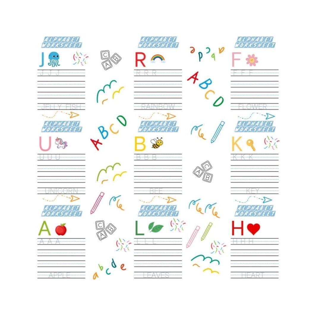 This is a promotional image displaying online printable educational resources available for download at Sharekknaonline.com. The image features colorful elements such as alphabets and numbers, suitable for coloring activities. Additionally, it showcases tracing exercises designed to aid in learning. Visit Sharekknaonline.com to access and download these educational materials. They are available uniquely at SharekknaOnline.com. They can be downloaded and printed at home or your local print house.