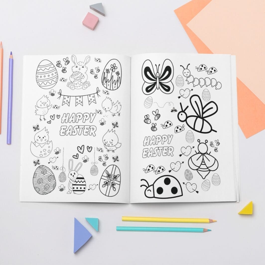 This image contains a Printable coloring busy book that open to pages with Easter designs, featuring playful rabbits and easter eggs, available for download and print for kids and adults. The busy book is available uniquely at SharekknaOnline.com. It can be downloaded instantly and printed at home or your local print house. Numerous engaging and educational activities wait for parents and kids. From traditional coloring sessions with crayons, colored pencils, or markers to sparking imagination through storytelling based on the busy book's images, there's ample room for creativity.