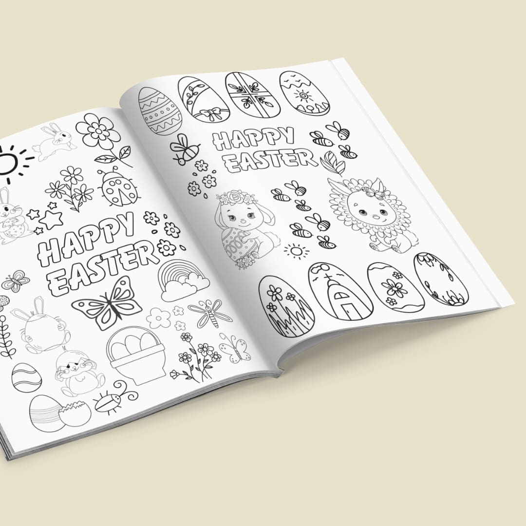 This image contains a Printable coloring busy book that open to pages with designs for download and print for kids and adults. The busy book is available uniquely at SharekknaOnline.com. It can be downloaded instantly and printed at home or your local print house. Numerous engaging and educational activities wait for parents and kids. From traditional coloring sessions with crayons, colored pencils, or markers to sparking imagination through storytelling based on the busy book's images, there's ample room for creativity.