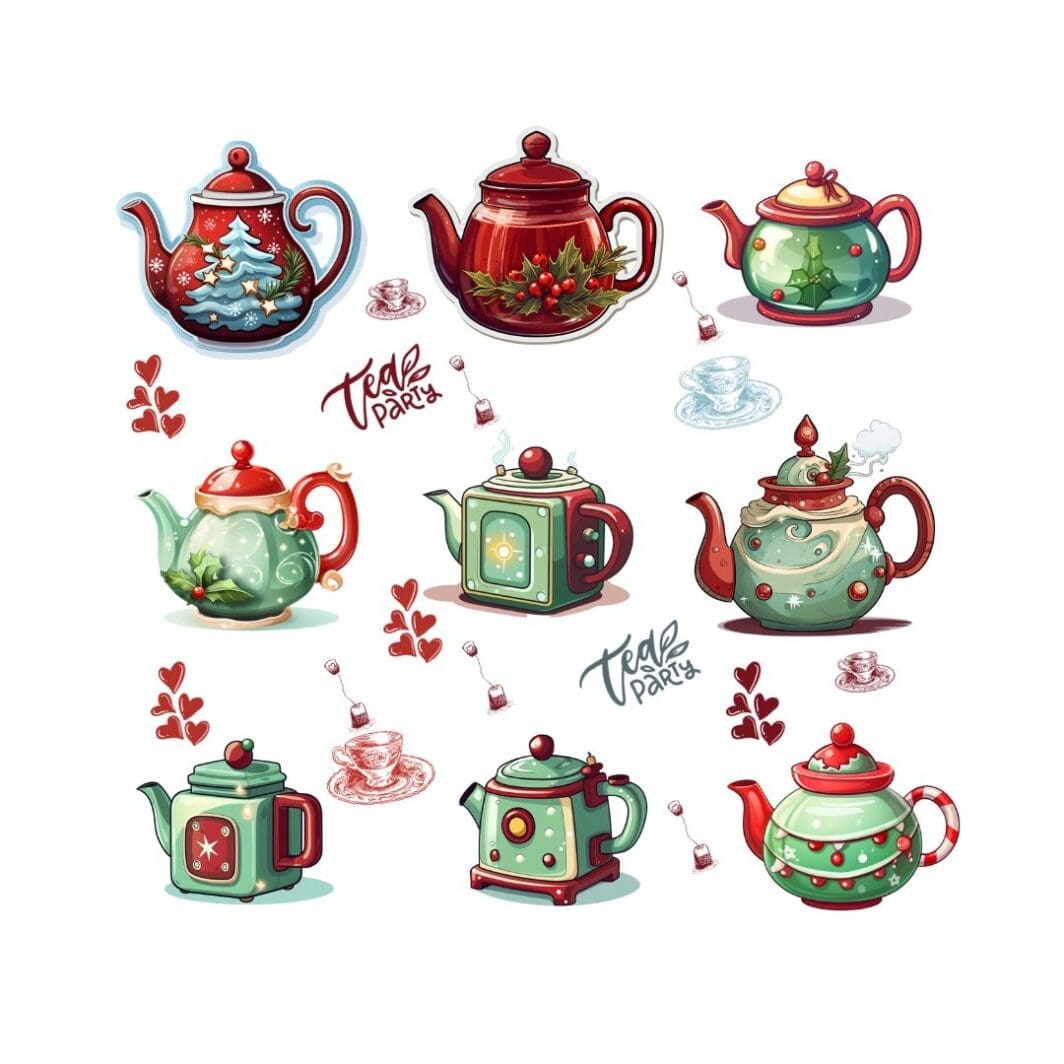 This image shows a collection of Fancy Christmas Teapots Stickers that can be downloaded on shrekknaonline.com. The stickers can be used for planners, journals, and other projects, also printed using Cricut or other cutting tools.