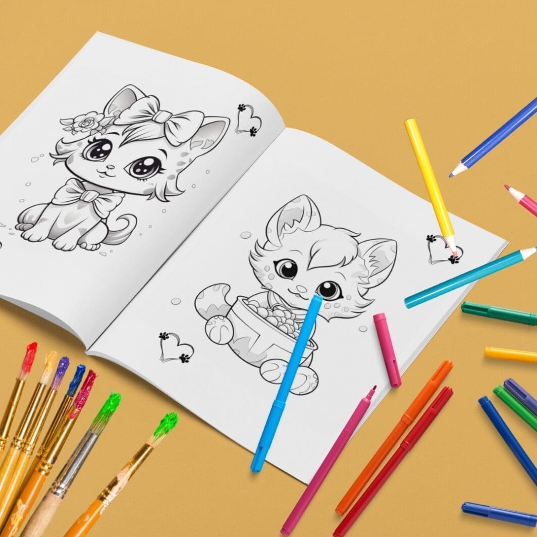 This image contains a Printable coloring busy book that open to pages with designs for download and print for kids and adults. The busy book is available uniquely at SharekknaOnline.com. It can be downloaded instantly and printed at home or your local print house. Numerous engaging and educational activities wait for parents and kids. From traditional coloring sessions with crayons, colored pencils, or markers to sparking imagination through storytelling based on the busy book's images, there's ample room for creativity.