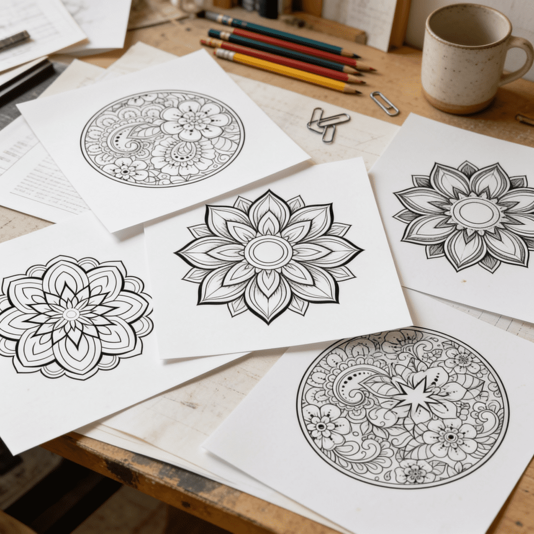 Printable mandala coloring pages for kids and adults, shown with black-and-white mandala designs and colored pencils for a relaxing creative activity.