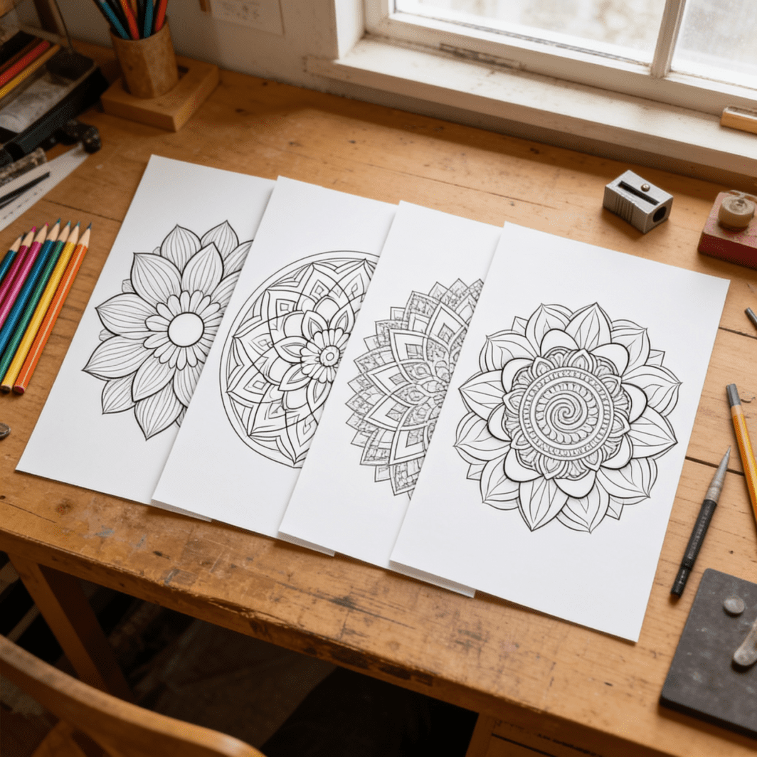 Printable mandala coloring pages for kids and adults, shown with black-and-white mandala designs and colored pencils for a relaxing creative activity.