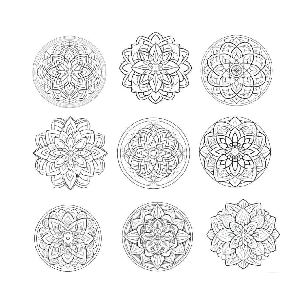 This is an image of a highly detailed black and white mandala coloring page with symmetrical patterns, including floral motifs and geometric shapes. Perfect for stress relief and creative expression, this intricate mandala design is ideal for artists of all ages. Download and print for a relaxing coloring experience.