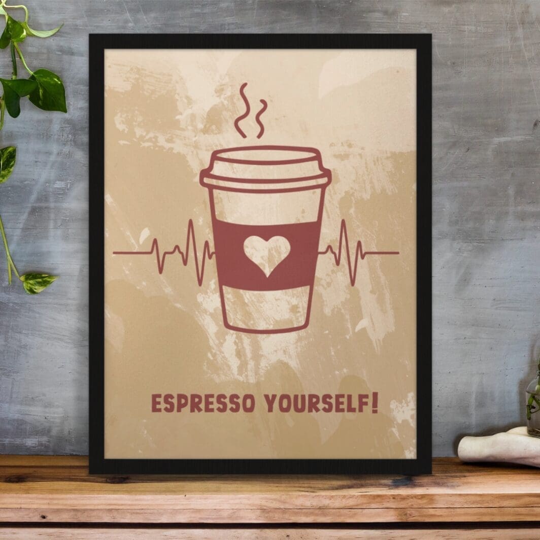 This image contains stylish coffee themed poster with humorous slogan perfect for home and office wall decor available at SharekknaOnline.com. The poster can be downloaded as pdf and printed at home or at the local print house on A3, A4 and A5 paper size.