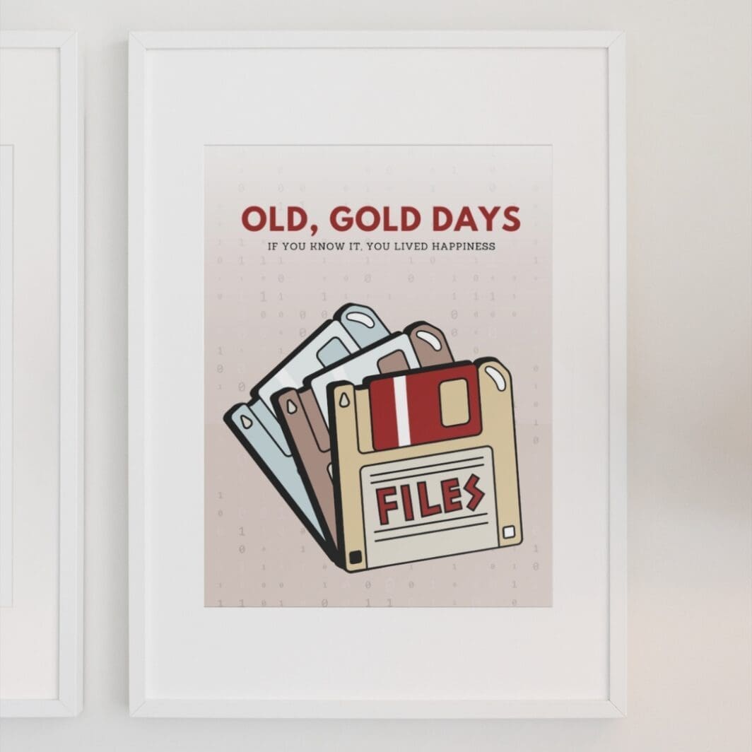 This image contains stylish 90's and retro themed poster with emotional slogan, good old days, perfect for home and office wall art and wall decor, available at SharekknaOnline.com. The poster can be downloaded as pdf and printed at home or at the local print house on A3, A4 and A5 paper size.