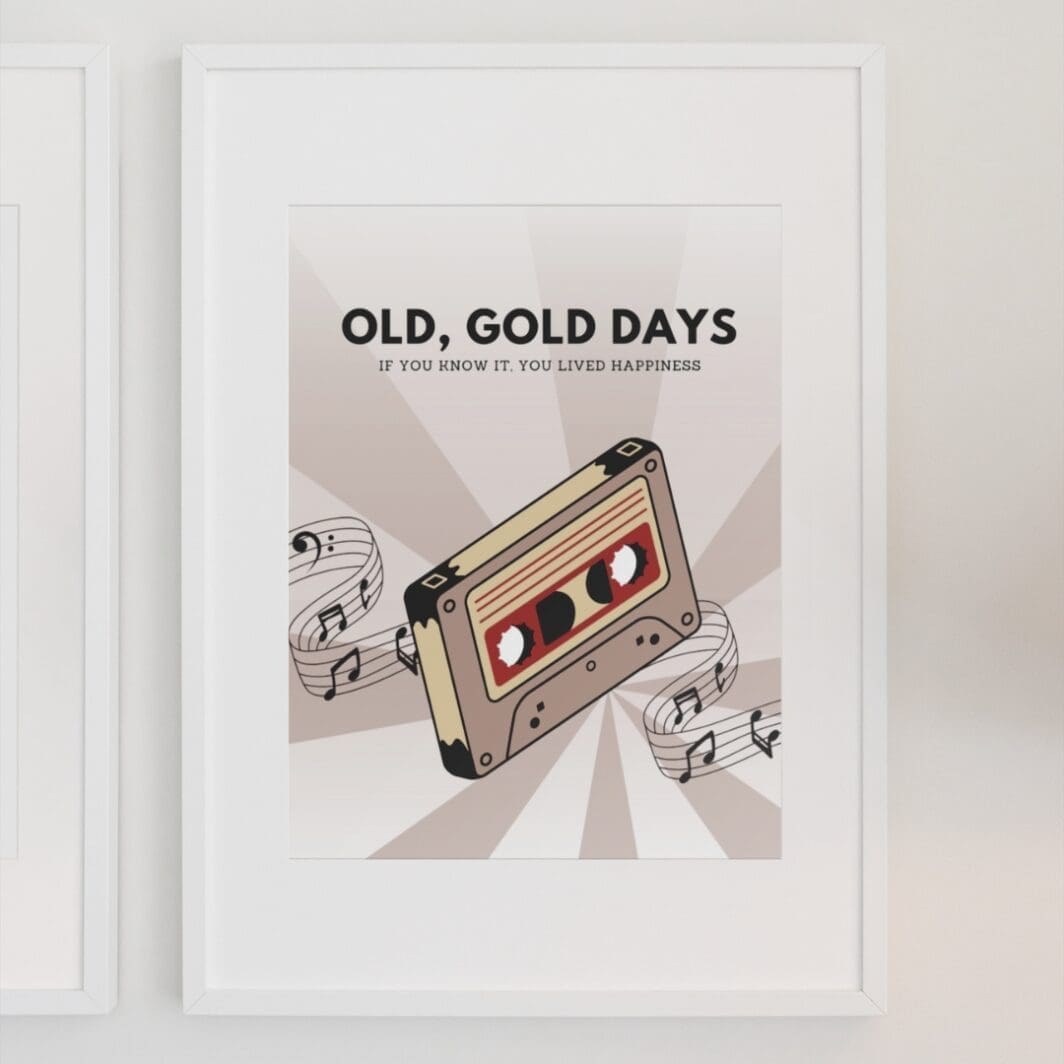 This image contains stylish 90's and retro themed poster with emotional slogan, good old days, perfect for home and office wall art and wall decor, available at SharekknaOnline.com. The poster can be downloaded as pdf and printed at home or at the local print house on A3, A4 and A5 paper size.