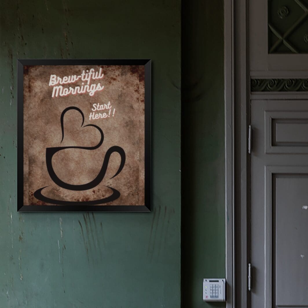 This image contains stylish coffee themed poster with humorous slogan perfect for home and office wall decor available at SharekknaOnline.com. The poster can be downloaded as pdf and printed at home or at the local print house on A3, A4 and A5 paper size.