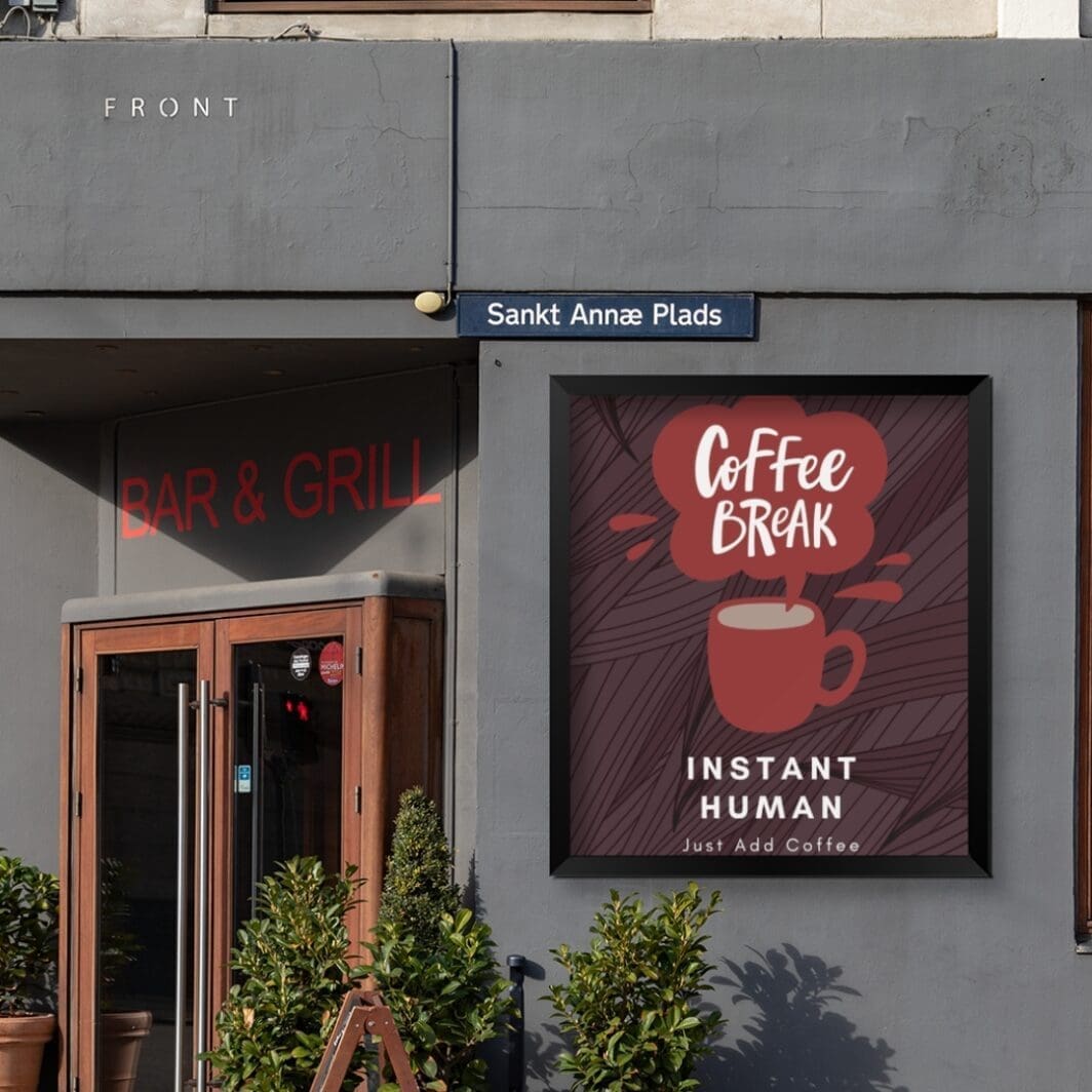 This image contains stylish coffee themed poster with humorous slogan perfect for home and office wall decor available at SharekknaOnline.com. The poster can be downloaded as pdf and printed at home or at the local print house on A3, A4 and A5 paper size.