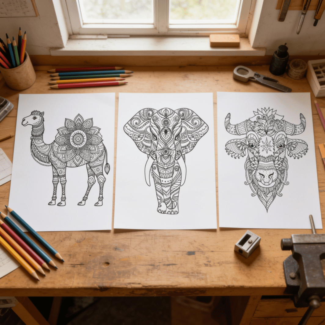 Printable mandala coloring pages for kids and adults, shown with black-and-white mandala designs and colored pencils for a relaxing creative activity.