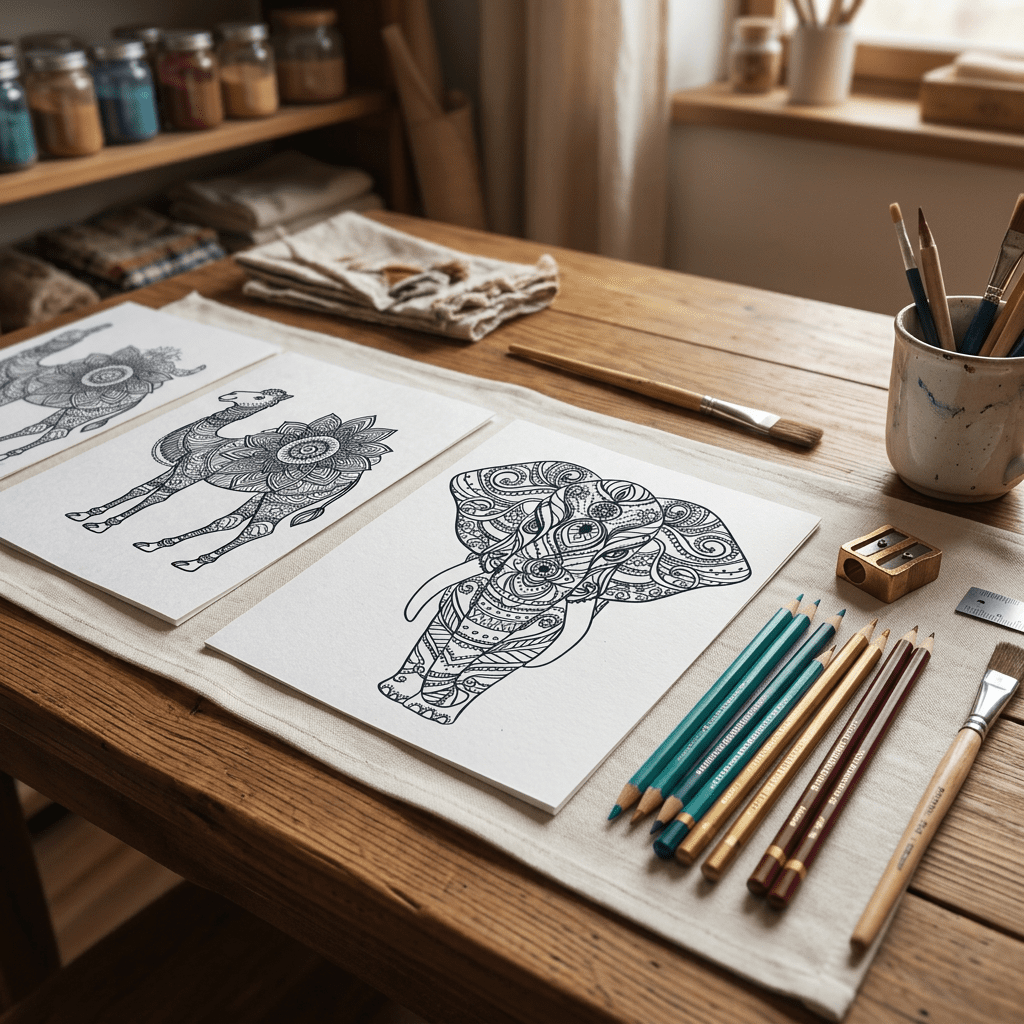 Printable mandala coloring pages for kids and adults, shown with black-and-white mandala designs and colored pencils for a relaxing creative activity.