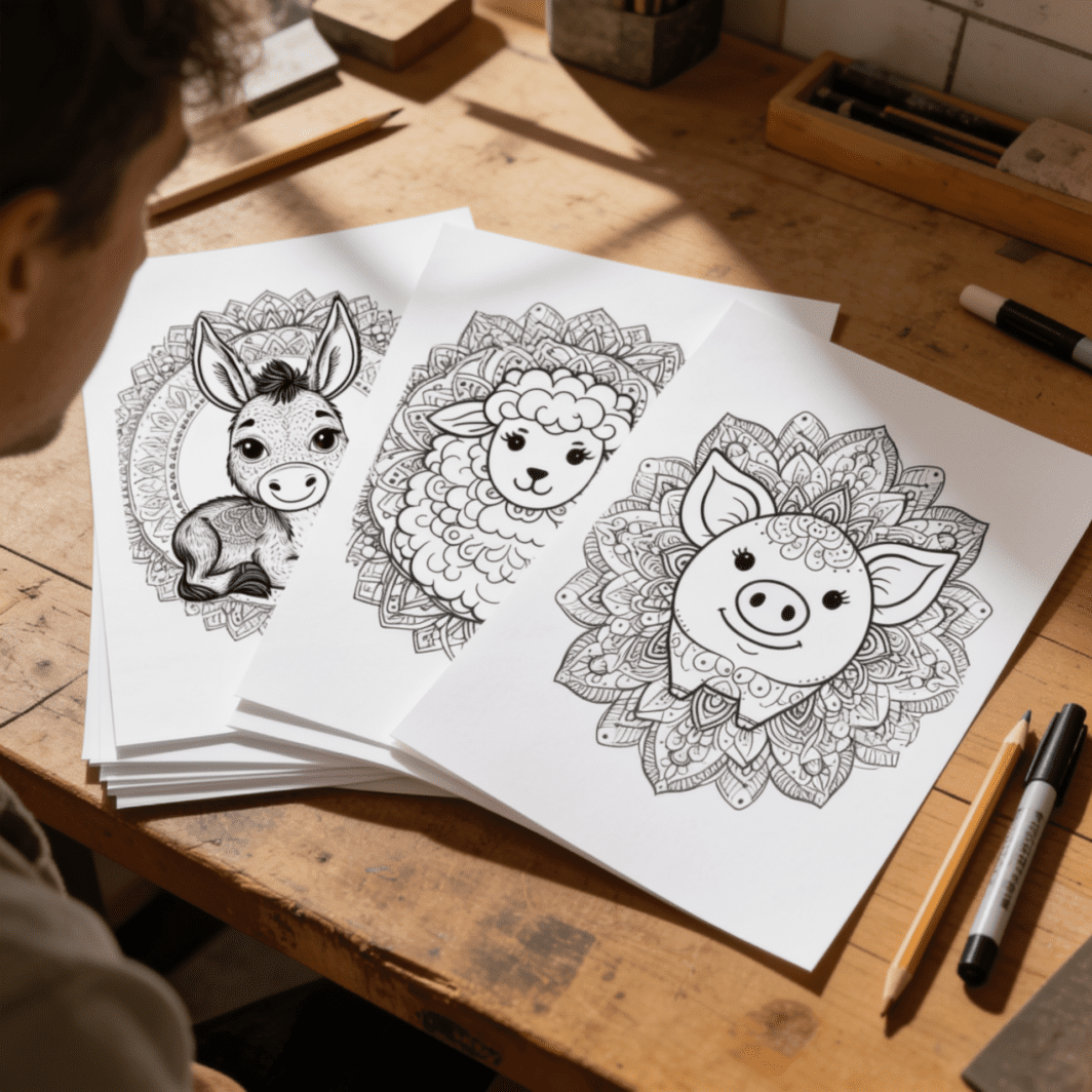 Printable mandala coloring pages for kids and adults, shown with black-and-white mandala designs and colored pencils for a relaxing creative activity.