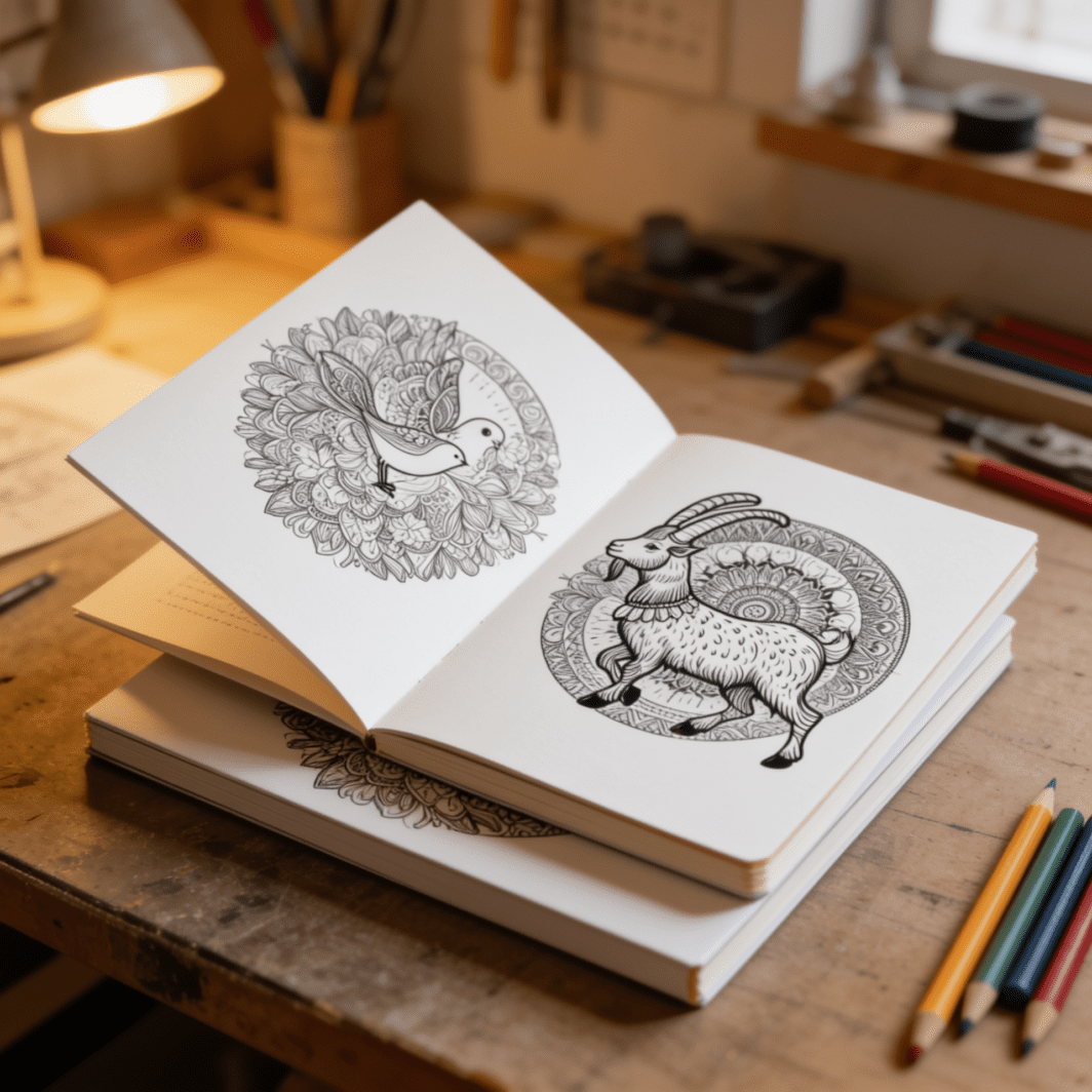 Printable mandala coloring pages for kids and adults, shown with black-and-white mandala designs and colored pencils for a relaxing creative activity.