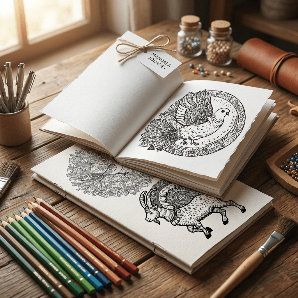 Printable mandala coloring pages for kids and adults, shown with black-and-white mandala designs and colored pencils for a relaxing creative activity.