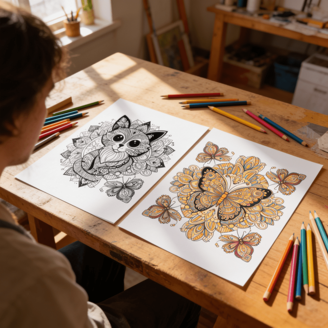 Printable mandala coloring pages for kids and adults, shown with black-and-white mandala designs and colored pencils for a relaxing creative activity.