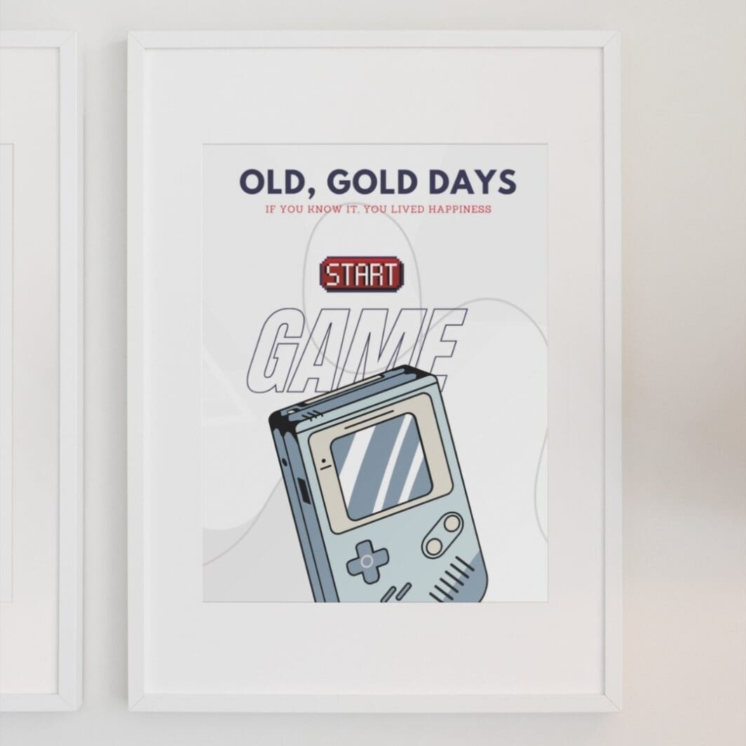 This image contains stylish 90's and retro themed poster with emotional slogan, good old days, perfect for home and office wall art and wall decor, available at SharekknaOnline.com. The poster can be downloaded as pdf and printed at home or at the local print house on A3, A4 and A5 paper size.