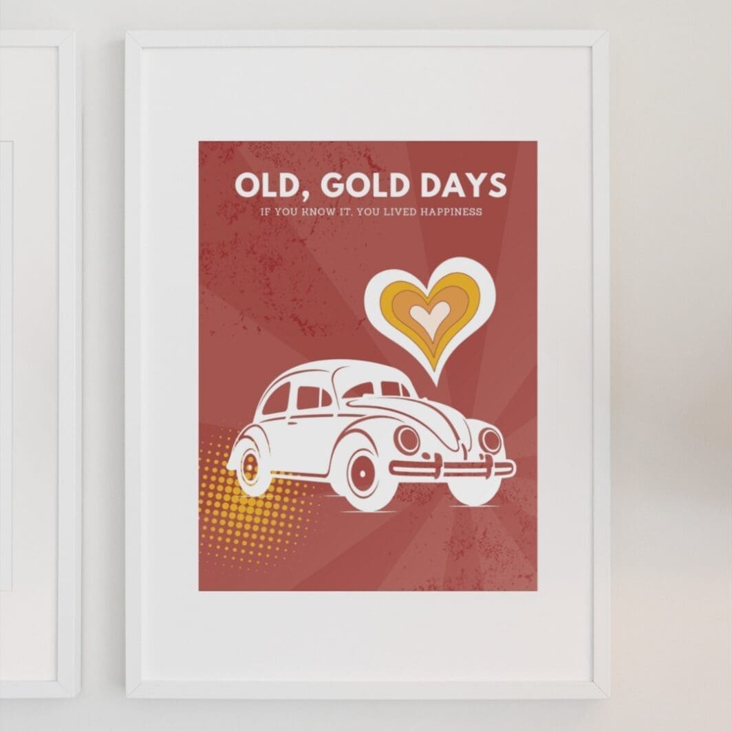 This image contains stylish 90's and retro themed poster with emotional slogan, good old days, perfect for home and office wall art and wall decor, available at SharekknaOnline.com. The poster can be downloaded as pdf and printed at home or at the local print house on A3, A4 and A5 paper size.
