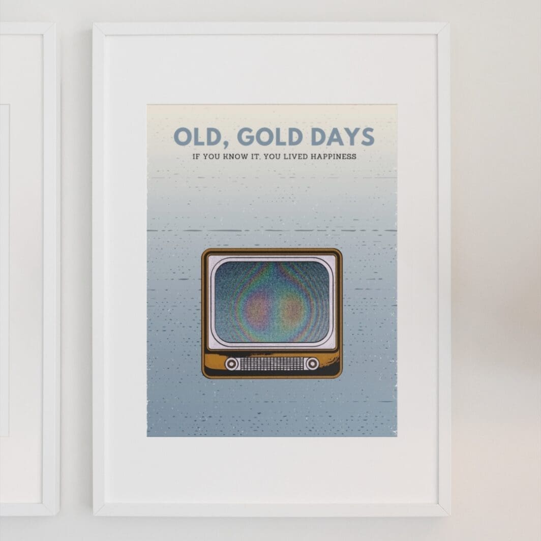 This image contains stylish 90's and retro themed poster with emotional slogan, good old days, perfect for home and office wall art and wall decor, available at SharekknaOnline.com. The poster can be downloaded as pdf and printed at home or at the local print house on A3, A4 and A5 paper size.