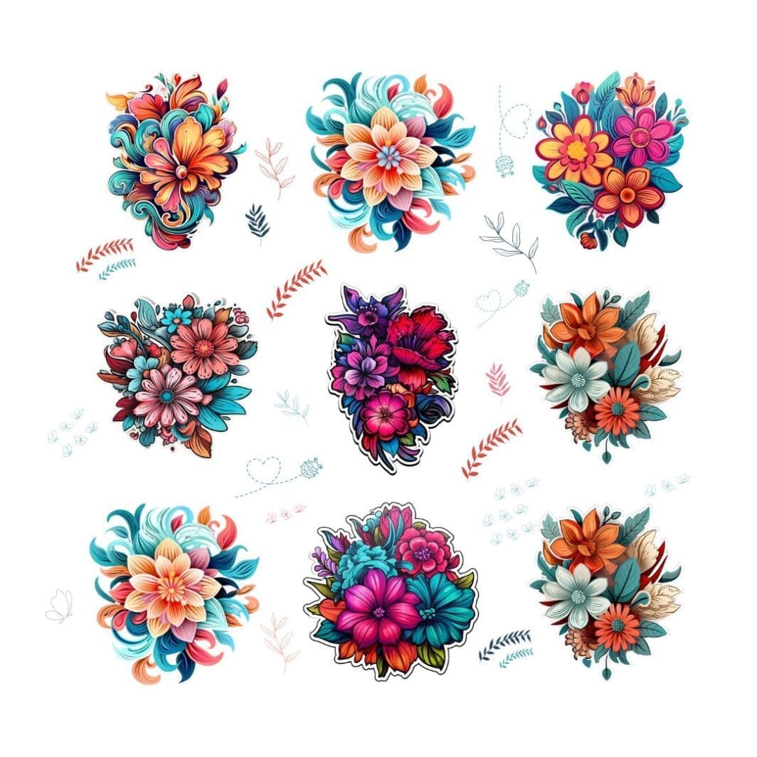 This image contains cute pink blue flowers stickers for digital use on Mobile Devices (iOS and Android), Messaging and social media, Digital Planners and Journals, Apps like GoodNotes, Notability, or Penly, Scrapbooking and Design Apps: Import the stickers into your favorite digital scrapbooking or design apps. Also, for physical use such as greeting Cards and Invitations, party decorations, such as cupcake toppers, banners, or name tags and personal items such as laptops, phone cases, notebooks, or water bottles with your printed stickers for a unique touch. They are available uniquely at SharekknaOnline.com. The stickers can be downloaded as png with transparent background and printed at home or your local print house.