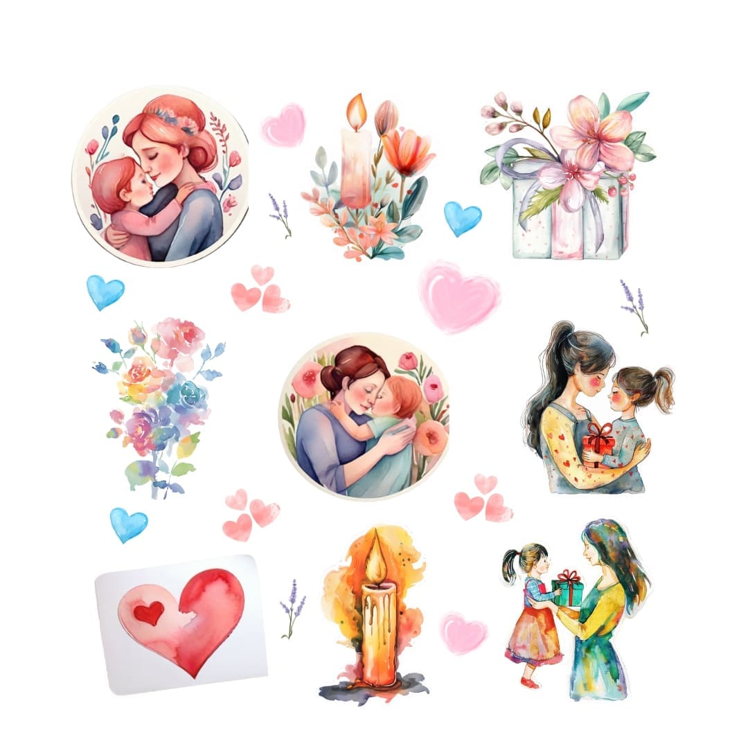 This image contains mother's day clipart SVG that is used in Web Design for icons, logos, and illustrations, branding resized for various formats, from business cards to billboards, without losing quality, infographics without distortion, animation, Printable Materials, Educational Resources, Email Marketing, Presentation Slides in Microsoft PowerPoint or Google Slides, Cutting Machines for crafters Cricut or Silhouette, preferred format for cutting vinyl, paper, and other materials. They are available uniquely at SharekknaOnline.com. The clipart SVGs can be downloaded with transparent background and printed at home or your local print house.