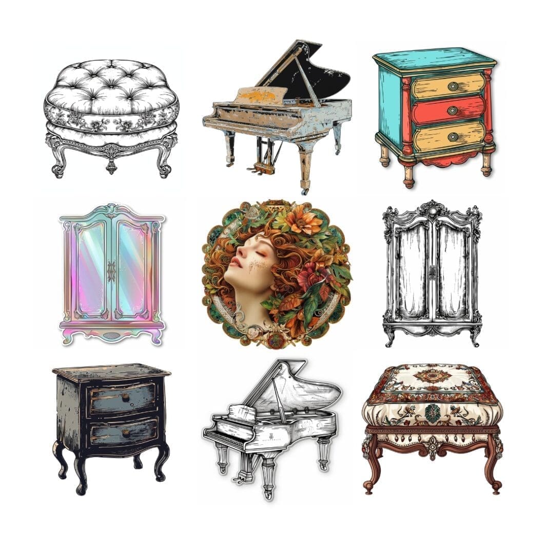 This image contains cute stickers, antique home furniture decor stickers, for digital use on Mobile Devices (iOS and Android), Messaging and social media, Digital Planners and Journals, Apps like GoodNotes, Notability, or Penly, Scrapbooking and Design Apps: Import the stickers into your favorite digital scrapbooking or design apps. Also, for physical use such as greeting Cards and Invitations, party decorations, such as cupcake toppers, banners, or name tags and personal items such as laptops, phone cases, notebooks, or water bottles with your printed stickers for a unique touch. They are available uniquely at SharekknaOnline.com. The stickers can be downloaded as png with transparent background and printed at home or your local print house.