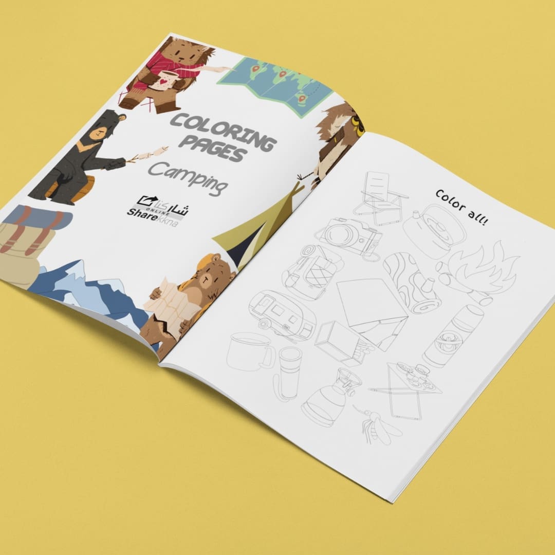 This image contains a Printable coloring busy book that open to pages with designs for download and print for kids and adults. The busy book is available uniquely at SharekknaOnline.com. It can be downloaded instantly and printed at home or your local print house. Numerous engaging and educational activities wait for parents and kids. From traditional coloring sessions with crayons, colored pencils, or markers to sparking imagination through storytelling based on the busy book's images, there's ample room for creativity.