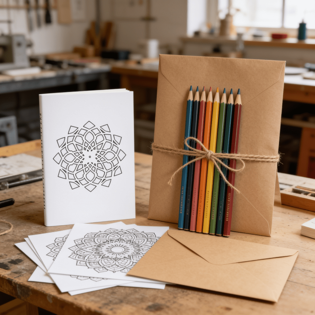 Printable mandala coloring pages for kids and adults, shown with black-and-white mandala designs and colored pencils for a relaxing creative activity.