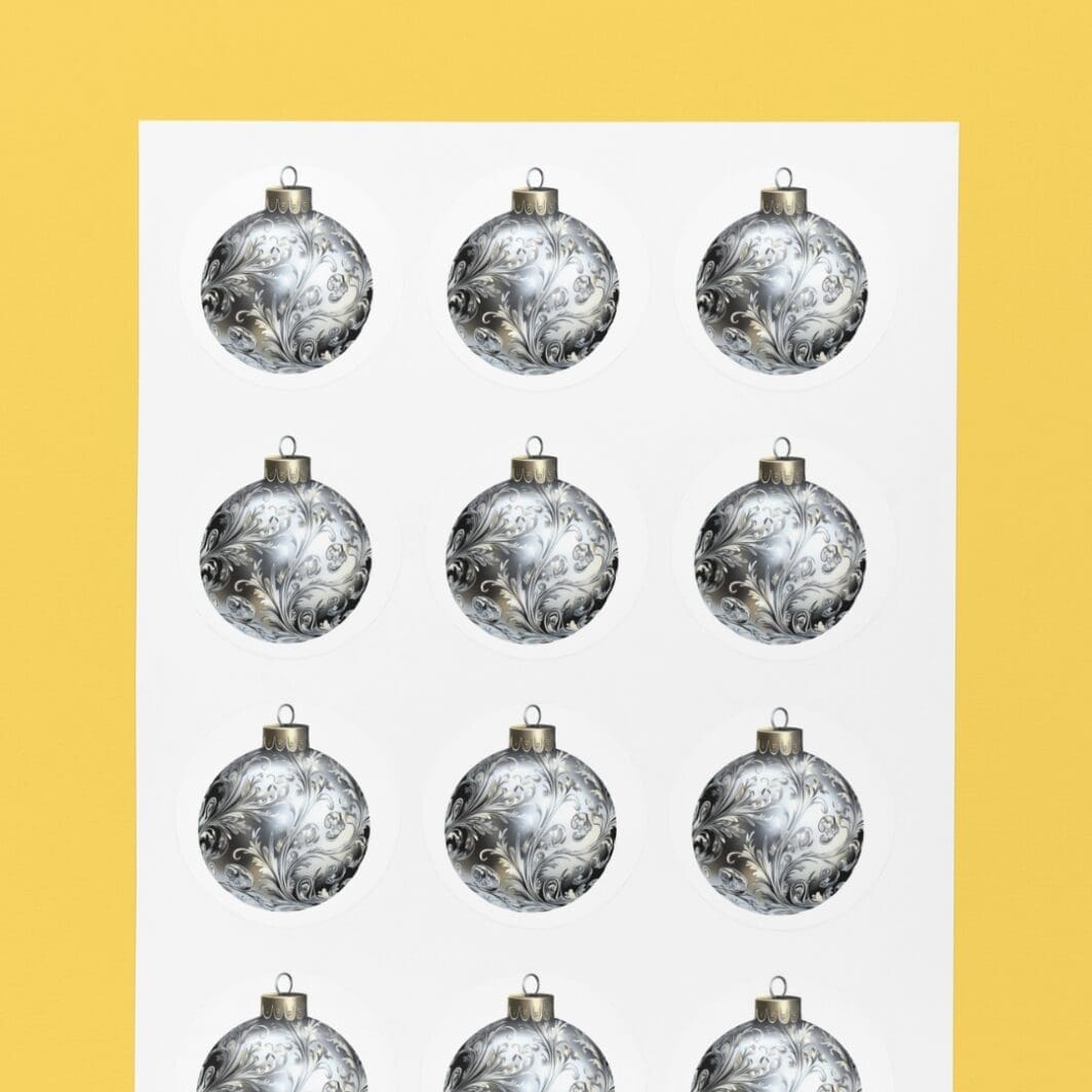 An image featuring glossy Christmas ball stickers in vibrant colors like red, green, gold, and silver, with various festive patterns such as stripes, snowflakes, and polka dots. The stickers are shiny and decorative, perfect for holiday crafts, gift wrapping, or adding a festive touch to planners and cards.