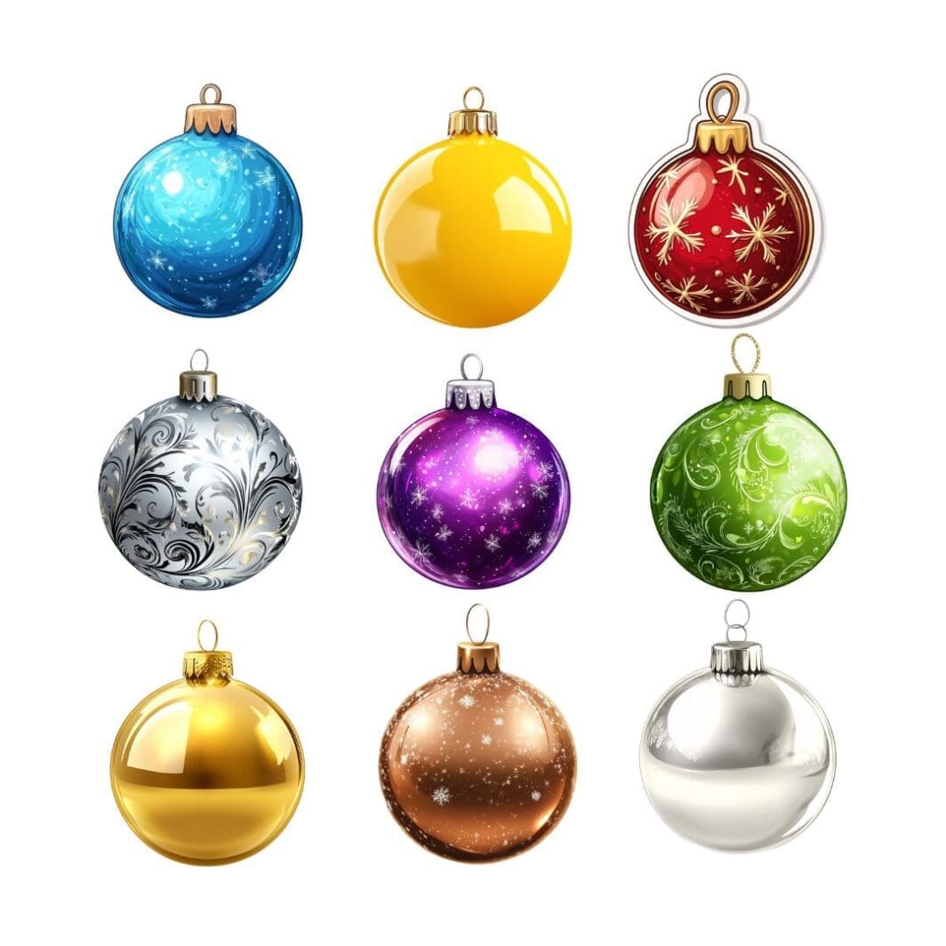 An image featuring glossy Christmas ball stickers in vibrant colors like red, green, gold, and silver, with various festive patterns such as stripes, snowflakes, and polka dots. The stickers are shiny and decorative, perfect for holiday crafts, gift wrapping, or adding a festive touch to planners and cards.