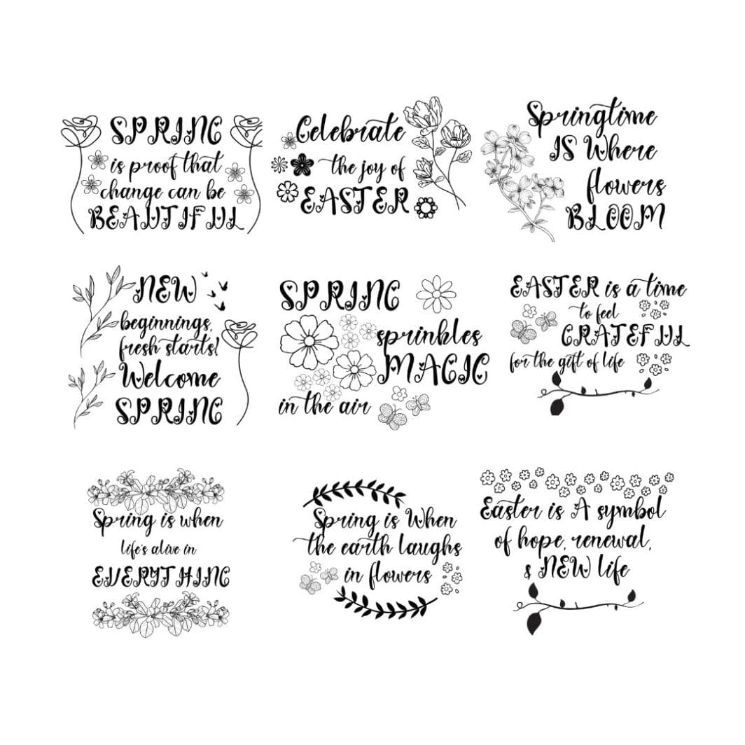 Black and white 'Hello Spring' word stickers with minimalist lettering, perfect for digital and printable designs, featuring a fresh, seasonal style