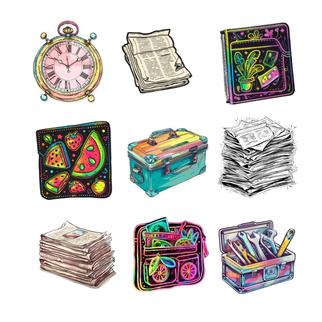 Vintage digital stickers collection for scrapbooking, featuring antique floral designs, retro labels, and nostalgic ephemera on a decorative background.