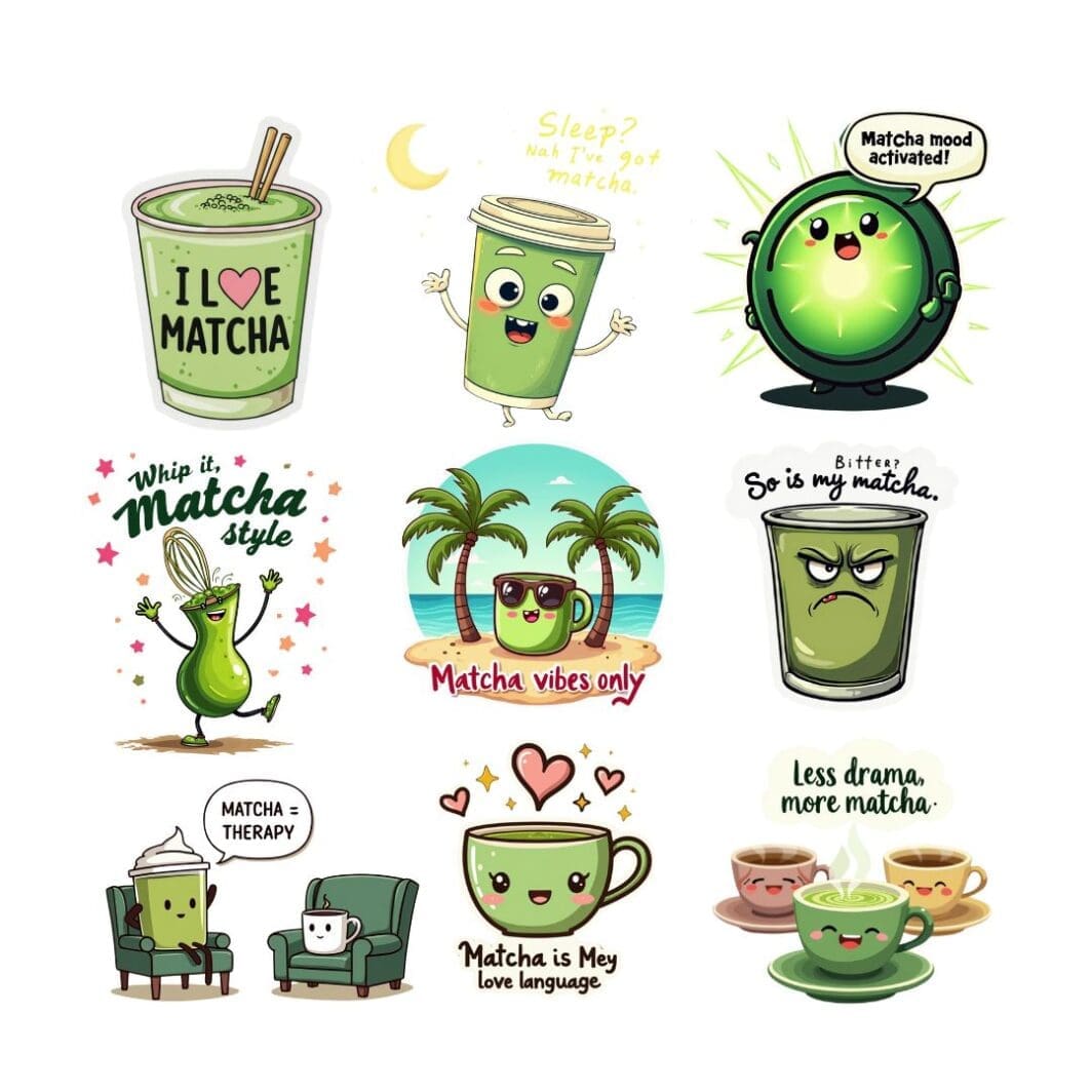 A cute collection of Matcha Funny Words Stickers featuring playful, expressive text designs in soft green tones, perfect for digital use or printing.