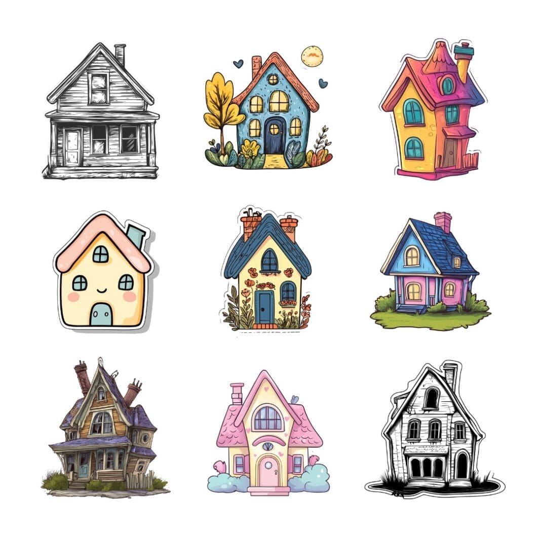 Cover image showing a colorful grid of 33 illustrated house stickers, each with a unique design and facial expression representing a different emotion, on a light background with the title 'Emotions in Houses – 33 Digital Stickers