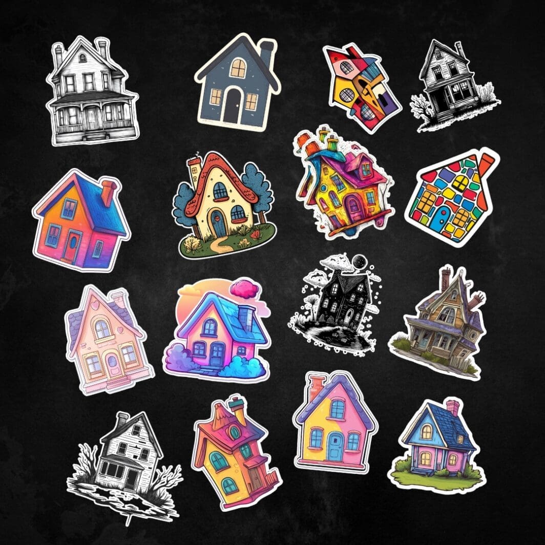 Cover image showing a colorful grid of 33 illustrated house stickers, each with a unique design and facial expression representing a different emotion, on a light background with the title 'Emotions in Houses – 33 Digital Stickers