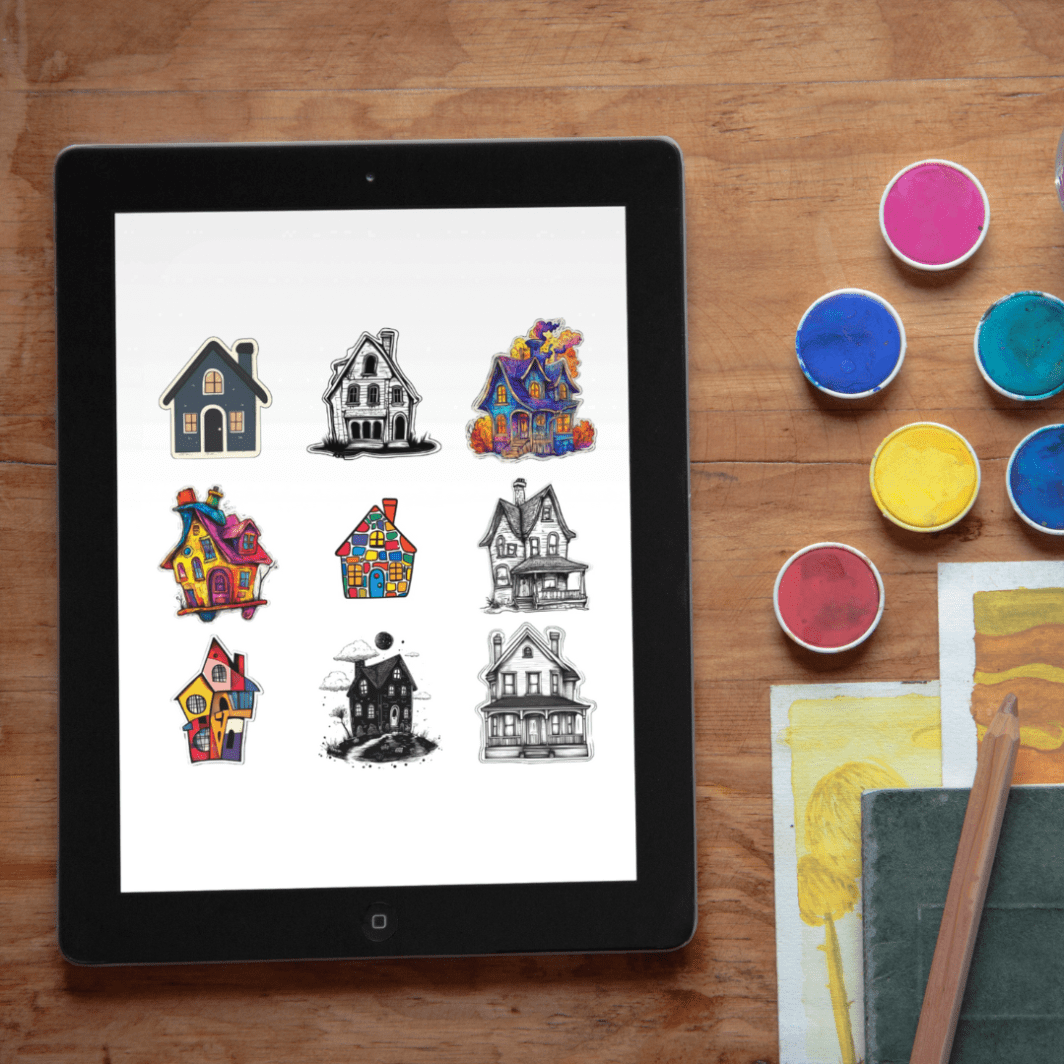 Cover image showing a colorful grid of 33 illustrated house stickers, each with a unique design and facial expression representing a different emotion, on a light background with the title 'Emotions in Houses – 33 Digital Stickers