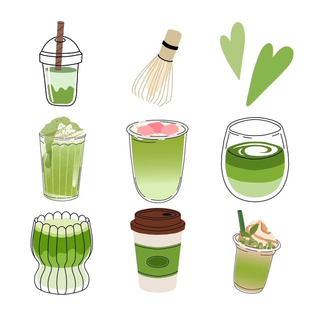 Cover image featuring a cute collection of 25 matcha-themed digital and printable stickers, including kawaii matcha cups, lattes, desserts, and tea-related illustrations on a light, cozy background.