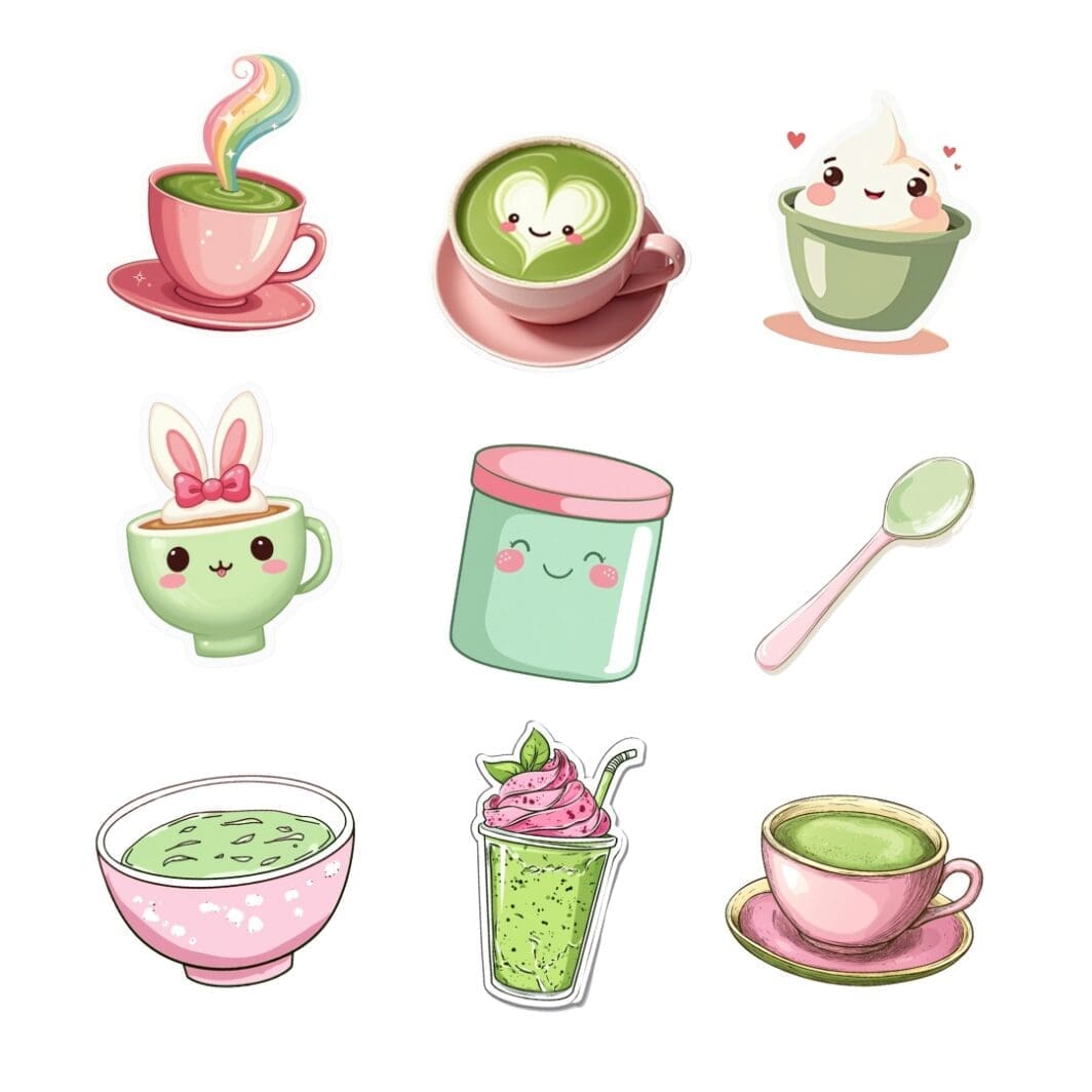 Cover image showcasing a collection of 16 cute kawaii-style matcha stickers, featuring smiling matcha cups, lattes, and desserts in pink and green tones, designed for digital download and printable use