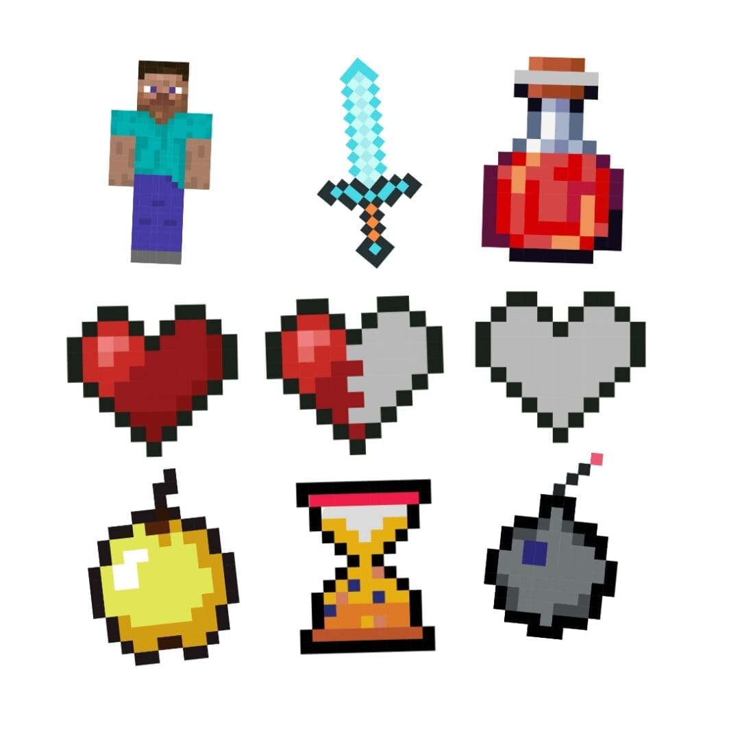 A collection of 20 colorful Minecraft mob stickers featuring iconic creatures like Creepers, Zombies, Skeletons, Endermen, and more, each in their unique designs and vibrant details