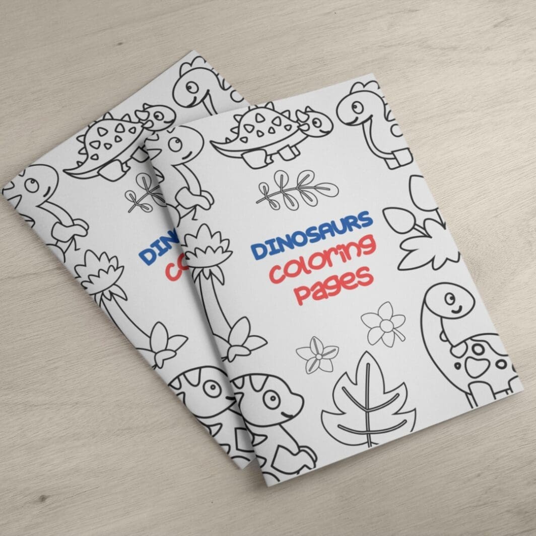 Printable coloring book cover featuring cute cartoon dinosaurs, volcanoes, and prehistoric plants with bold outlines, designed for kids to color in
