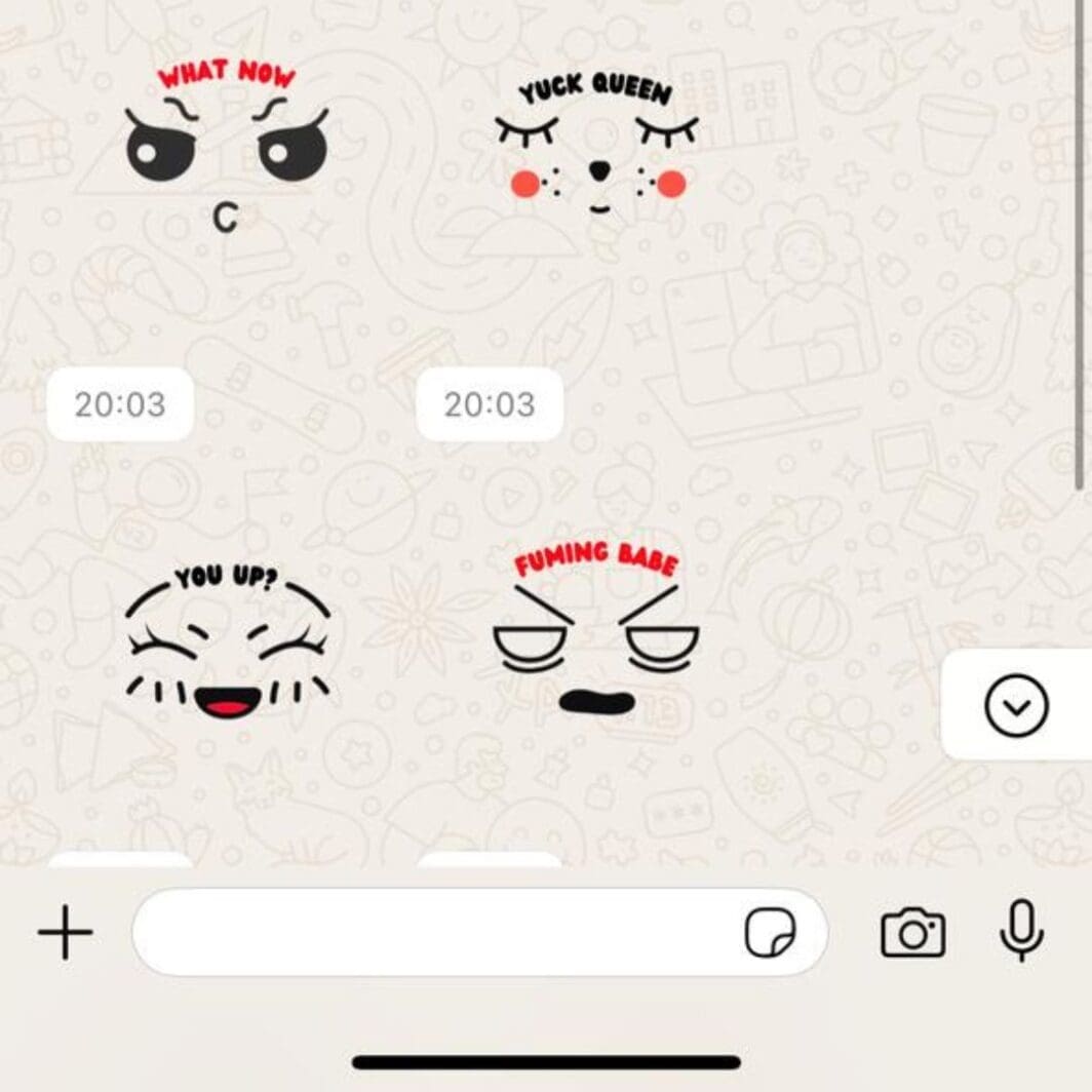 Cover image of 44 kawaii emoticon word stickers in black, white, and red colors, featuring cute expressions like 'Fuming Babe,' 'Love Bomb,' and 'Brain Fog' – available as PNG and PDF for digital and printable use