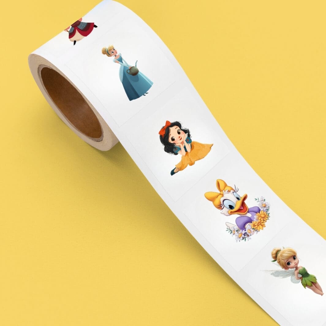 Cover image of the Disney Characters Digital Sticker Collection featuring a colorful assortment of 89 printable stickers with popular Disney characters on a white background.