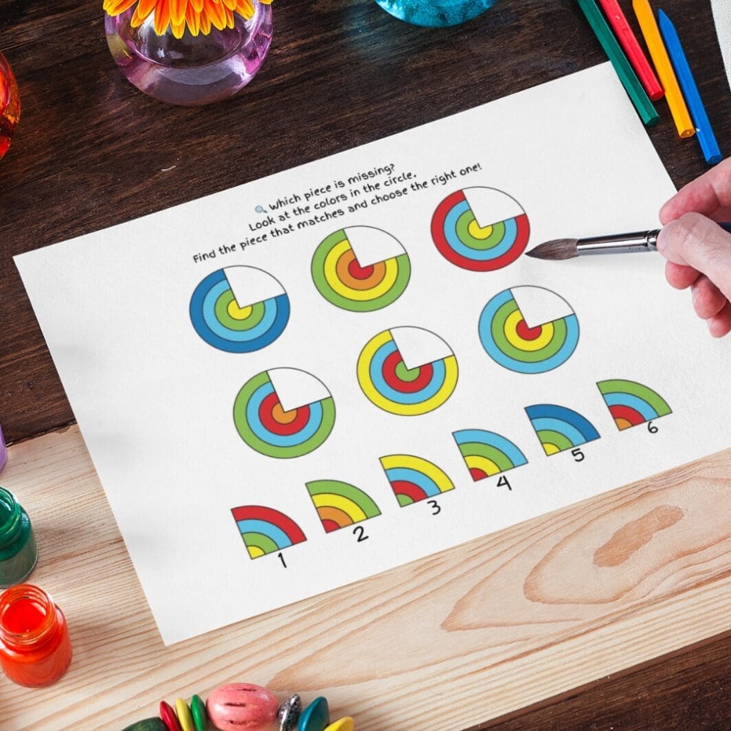 Colorful activity sheet showing six circular puzzles, each with a missing quarter segment. Children are asked to find the correct matching piece from six options at the bottom of the page. The circles are made up of bright, concentric color bands.