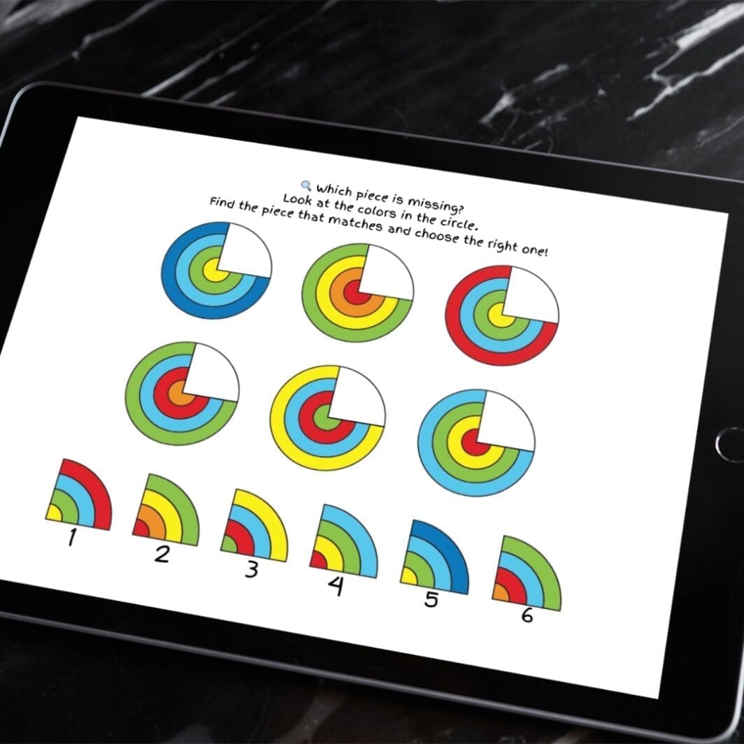 Colorful activity sheet showing six circular puzzles, each with a missing quarter segment. Children are asked to find the correct matching piece from six options at the bottom of the page. The circles are made up of bright, concentric color bands.