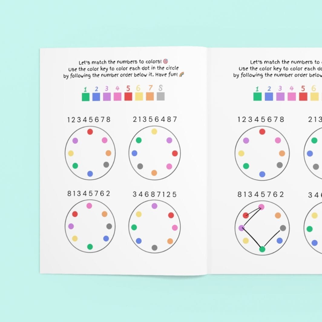 Let’s match the numbers to colors!" showing four circles with colored dots and number sequences. A color key at the top links numbers 1–8 to specific colors: green, blue, purple, pink, red, yellow, orange, and gray. Children are instructed to color the dots in each circle according to the number sequence shown above it.
