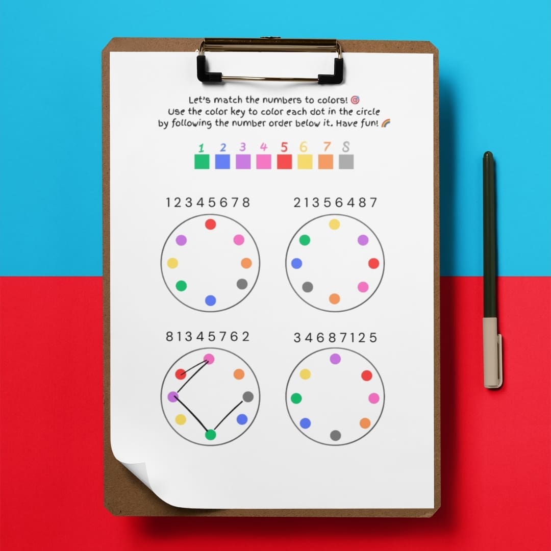 Let’s match the numbers to colors!" showing four circles with colored dots and number sequences. A color key at the top links numbers 1–8 to specific colors: green, blue, purple, pink, red, yellow, orange, and gray. Children are instructed to color the dots in each circle according to the number sequence shown above it.