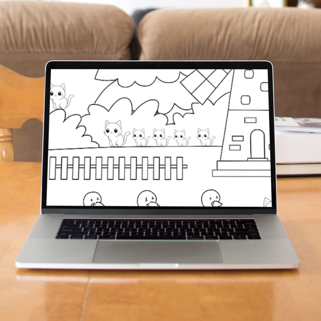 Illustrated farm scene featuring a barn, trees, and various animals, with several cats hidden throughout the image. The activity invites children to count the cats and color them.