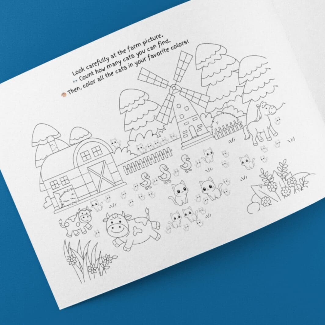 Illustrated farm scene featuring a barn, trees, and various animals, with several cats hidden throughout the image. The activity invites children to count the cats and color them.
