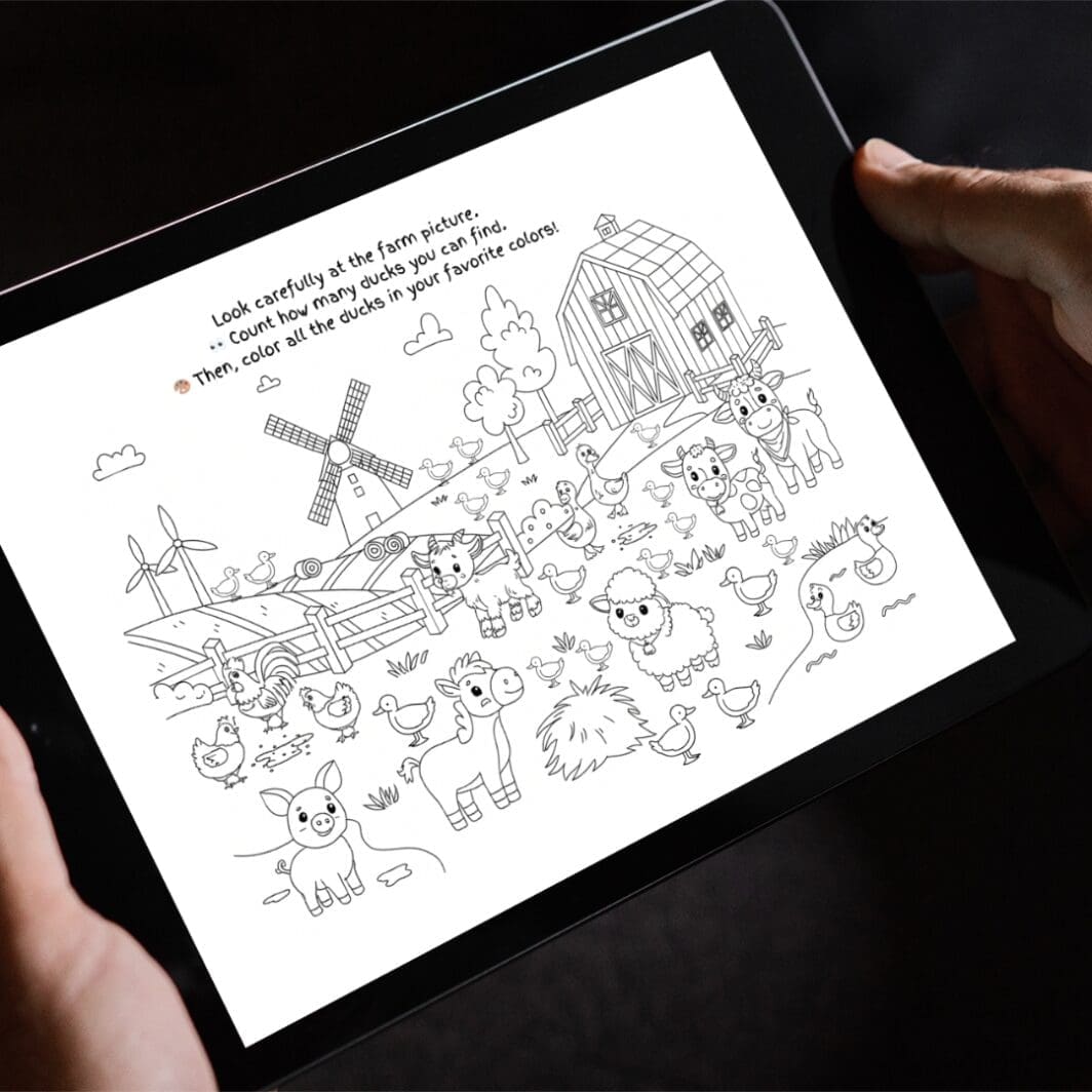 Illustrated farm scene featuring animals, trees, and a barn, with several ducks hidden throughout the image. Text on the page invites children to count and color the ducks.