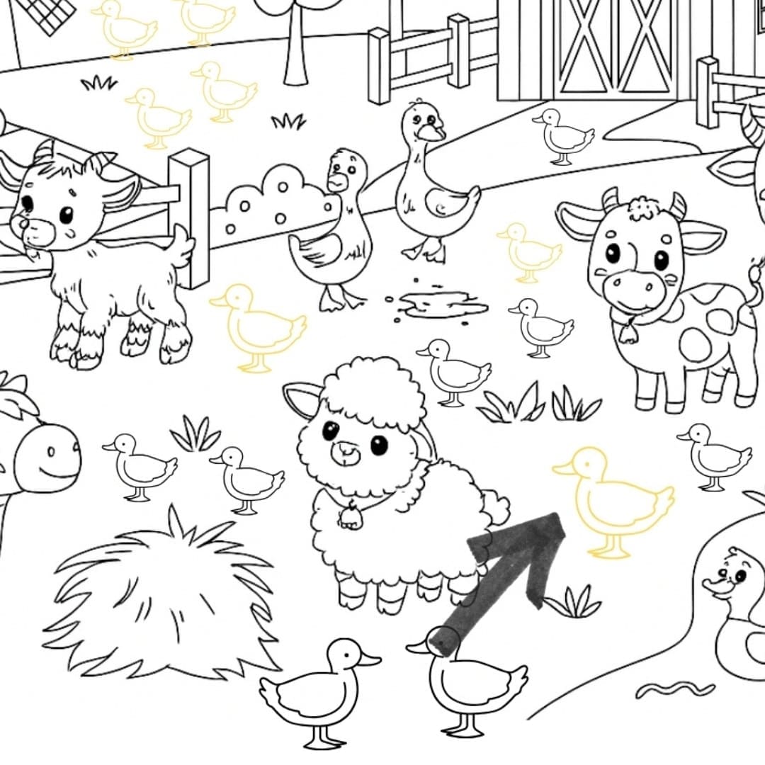 Illustrated farm scene featuring animals, trees, and a barn, with several ducks hidden throughout the image. Text on the page invites children to count and color the ducks.